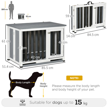 PawHut Wooden Dog Crate Foldable Dog Cage Kennel End Table with Removable Tray for Small Medium Pets Grey 85 x 51 x 61 cm