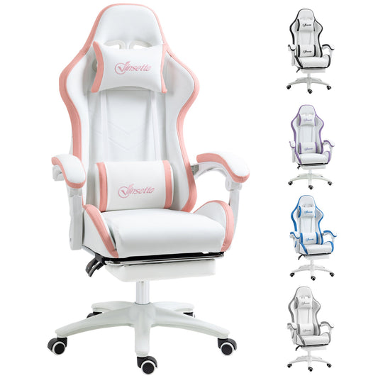 Vinsetto Computer Gaming Chair, PU Leather Desk Chair with Footrest, Swivel Task Chair with 135√Ç¬∞ Reclining Back and Lumbar Support, PC Chair for Adults, White and Pink