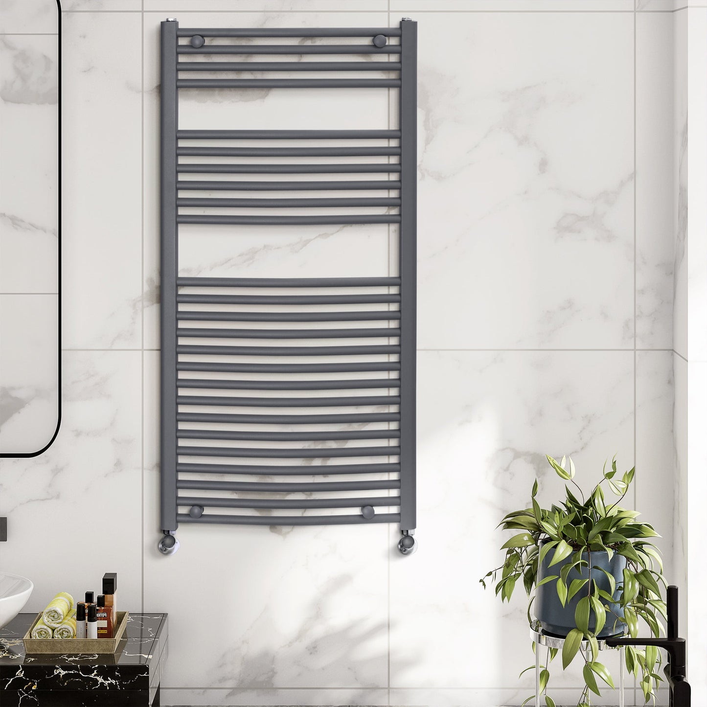 HOMCOM Curved Heated Towel Rail, Hydronic Bathroom Ladder Radiator Towel Warmer For Central Heating 600mm x 1200mm, Grey