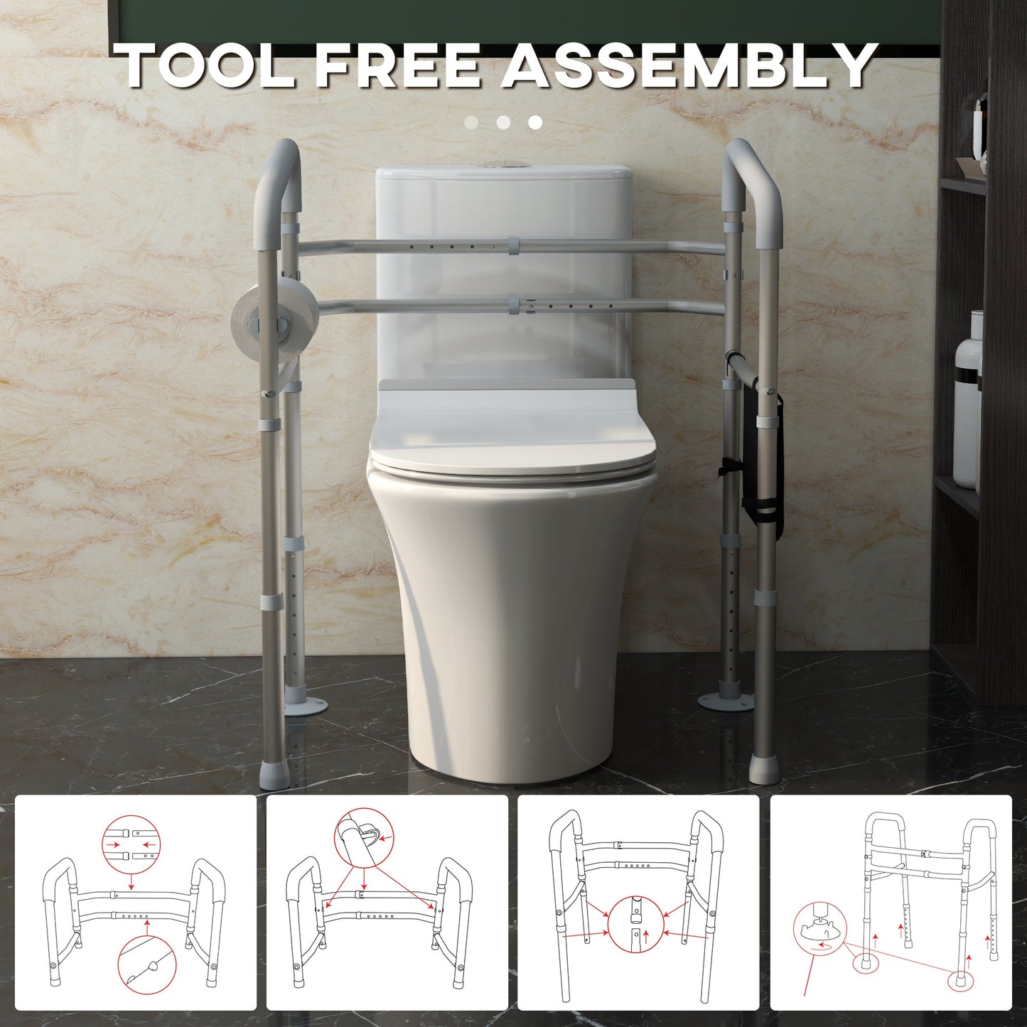 HOMCOM Free Standing Toilet Frame, Height and Width Adjustable Toilet Safety Frame with Arms, 2 Additional Suction Cups, Storage for Elderly, Disabled, Handrail Grab Bar, 136kg Weight Capacity