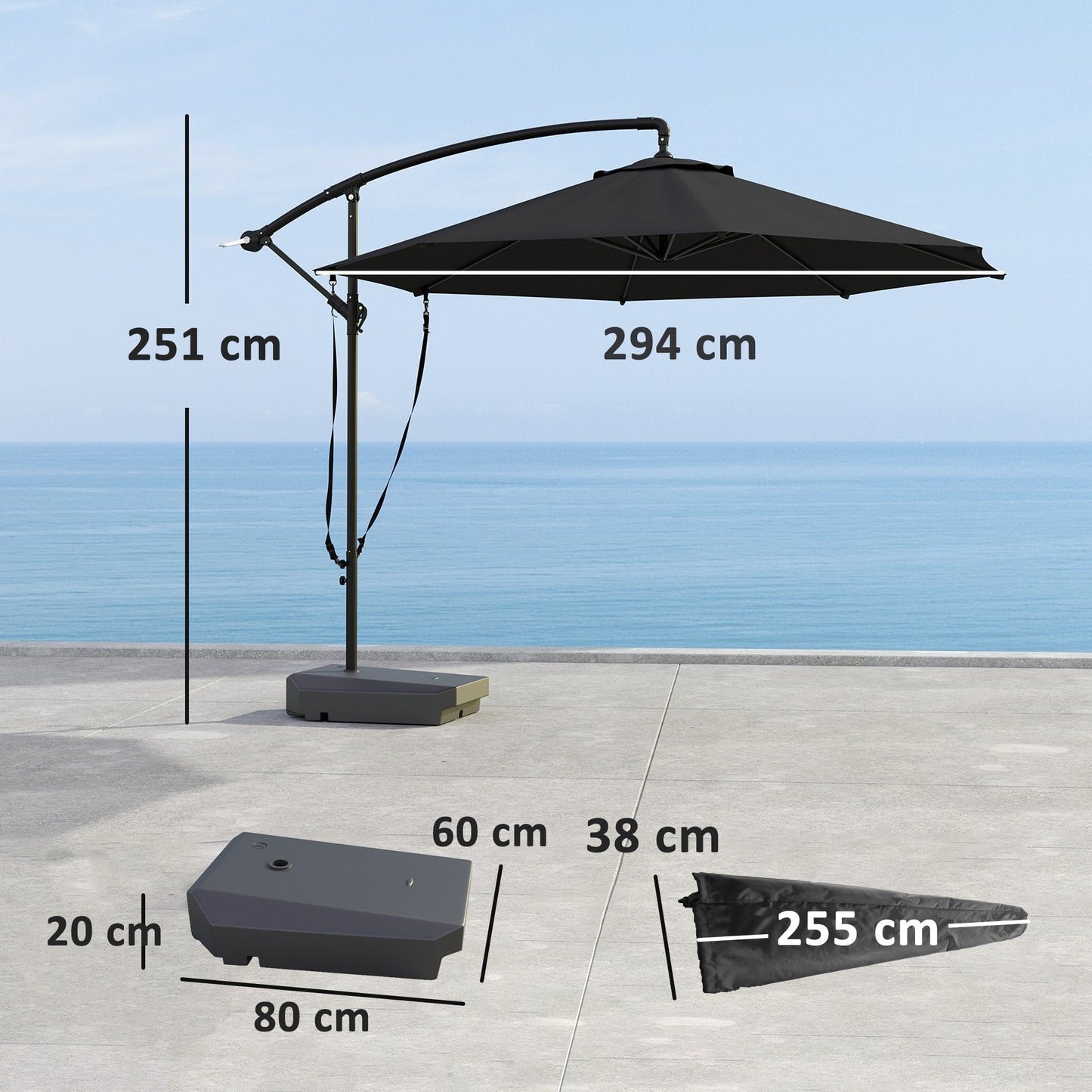 Outsunny 3(m) Garden Cantilever Parasol with Fillable Base, Wind Protection Strap, Cover, Round Banana Hanging Umbrella with Crank Handle and Tilt, Patio Umbrella for Outdoor Sun Shade, UPF50+, Grey