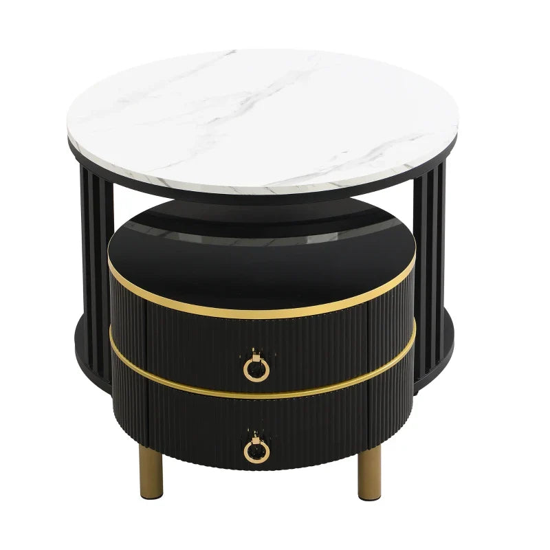 2-in-1 Round Marble Coffee Table Set with Glossy Tops, 2 Drawers, 70x70x46 + 50x50x40 cm, White+Black