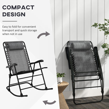 Outsunny Garden Rocking Chair Folding Outdoor Adjustable Rocker Zero-Gravity Seat with Headrest Camping Fishing Patio Deck, 90 x 64 x 110 cm - Grey