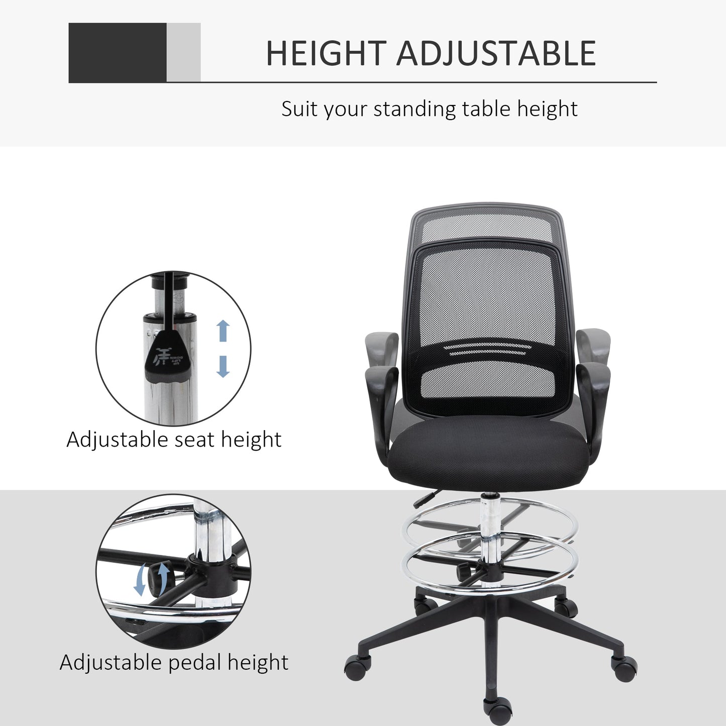 Vinsetto Ergonomic Mesh Back Drafting Chair, Tall Office Chair, Draughtsman Chair with Adjustable Height and Footrest 360√Ç¬∞ Swivel, Set of 5