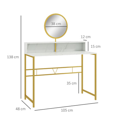 HOMCOM Modern Dressing Table with Round Mirror, Vanity Makeup Desk with Open Storage, Faux Marble Texture and Steel Frame for Bedroom, White