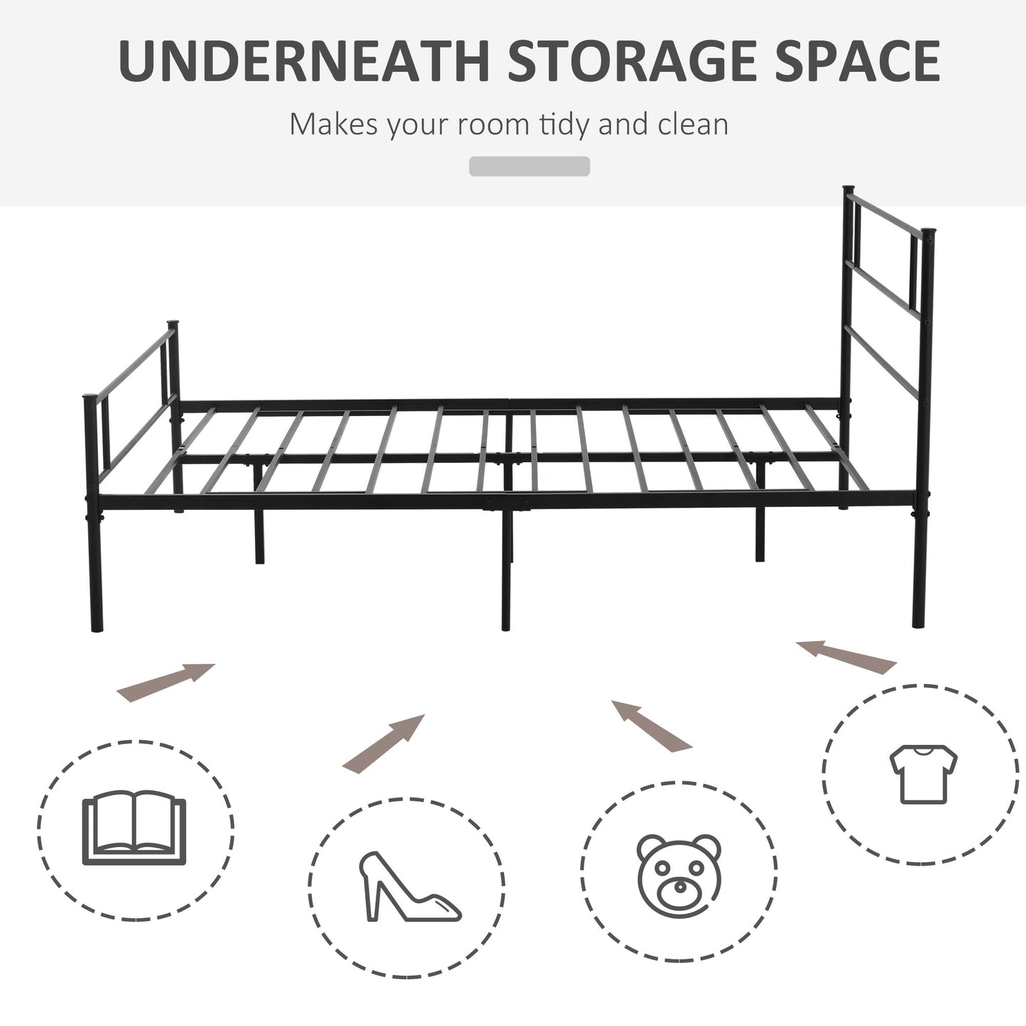 HOMCOM King Metal Bed Frame Solid Bedstead Base with Headboard and Footboard, Metal Slat Support and Underbed Storage Space, Bedroom Furniture, Black