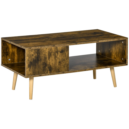 HOMCOM Coffee Table with Open Storage Shelves, Retro Cocktail Table with Solid Wood Legs for Living Room, Rustic Brown