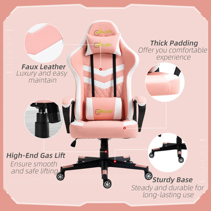 Vinsetto Gaming Chair, Computer Desk Chair with Lumbar Support, Faux Leather Racing Chair with Headrest and Swivel Wheels for Home Office, Pink