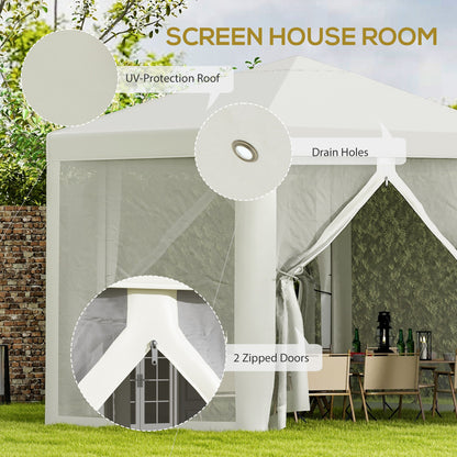 Outsunny 4M Hexagon Gazebo, Netting Party Tent Patio Canopy Outdoor Event Shelter for Activities, Shade Resistant, Cream White