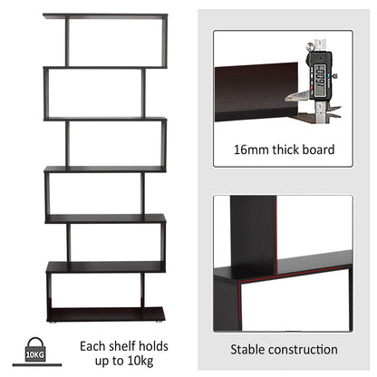 HOMCOM S Shape Wooden 6-tier Bookshelf Open Concept Bookcase Storage Display Unit for Home Office Living Room, Black