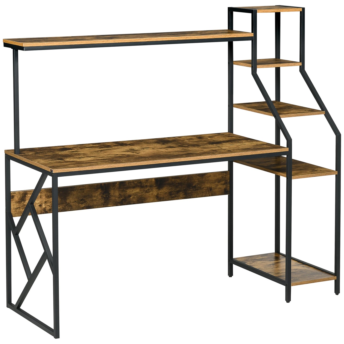 HOMCOM Computer Desk with Bookshelf, Industrial Writing Table with 6 Tier Storage Shelves for Home Office, Bedroom, Study, 150 x 55 x 138cm, Rustic Brown