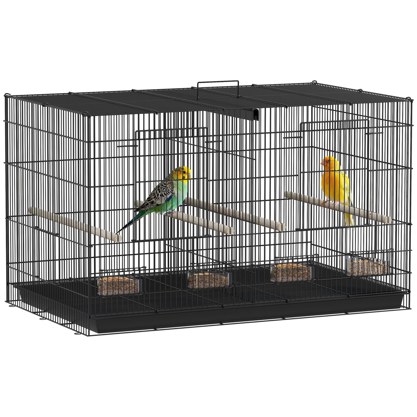 PawHut Bird Cage with Divider, 4 Wooden Perches, Slide Out Tray, 4 Feeders, for Budgie, Lovebird, Canary, 76 x 46 x 46cm, Black