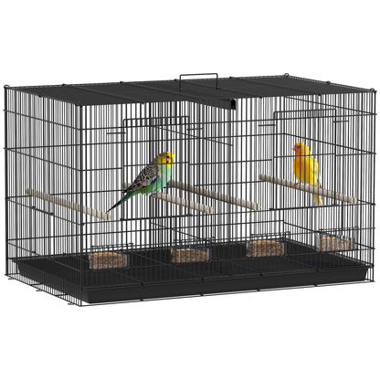 PawHut Bird Cage with Divider, 4 Wooden Perches, Slide Out Tray, 4 Feeders, for Budgie, Lovebird, Canary, 76 x 46 x 46cm, Black