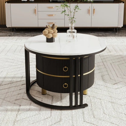 2-in-1 Round Marble Coffee Table Set with Glossy Tops, 2 Drawers, 70x70x46 + 50x50x40 cm, White+Black