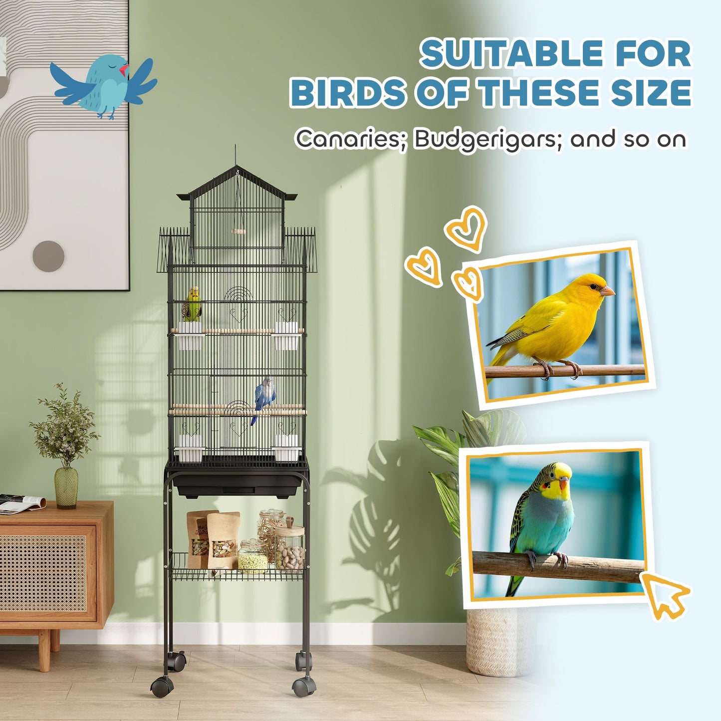 PawHut Metal Bird Cage with Plastic Swing, Perch, Food Container, Tray, Handle, for Finches, Canaries, Budgies, 43 x 32.5 x 163