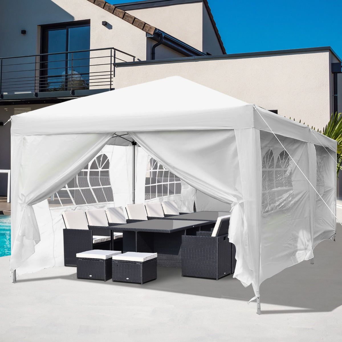 Outsunny 3 x 6 m Garden Pop Up Gazebo, Wedding Party Tent Marquee, Water Resistant Awning Canopy with Sidewalls, Windows, Carry Bag, White