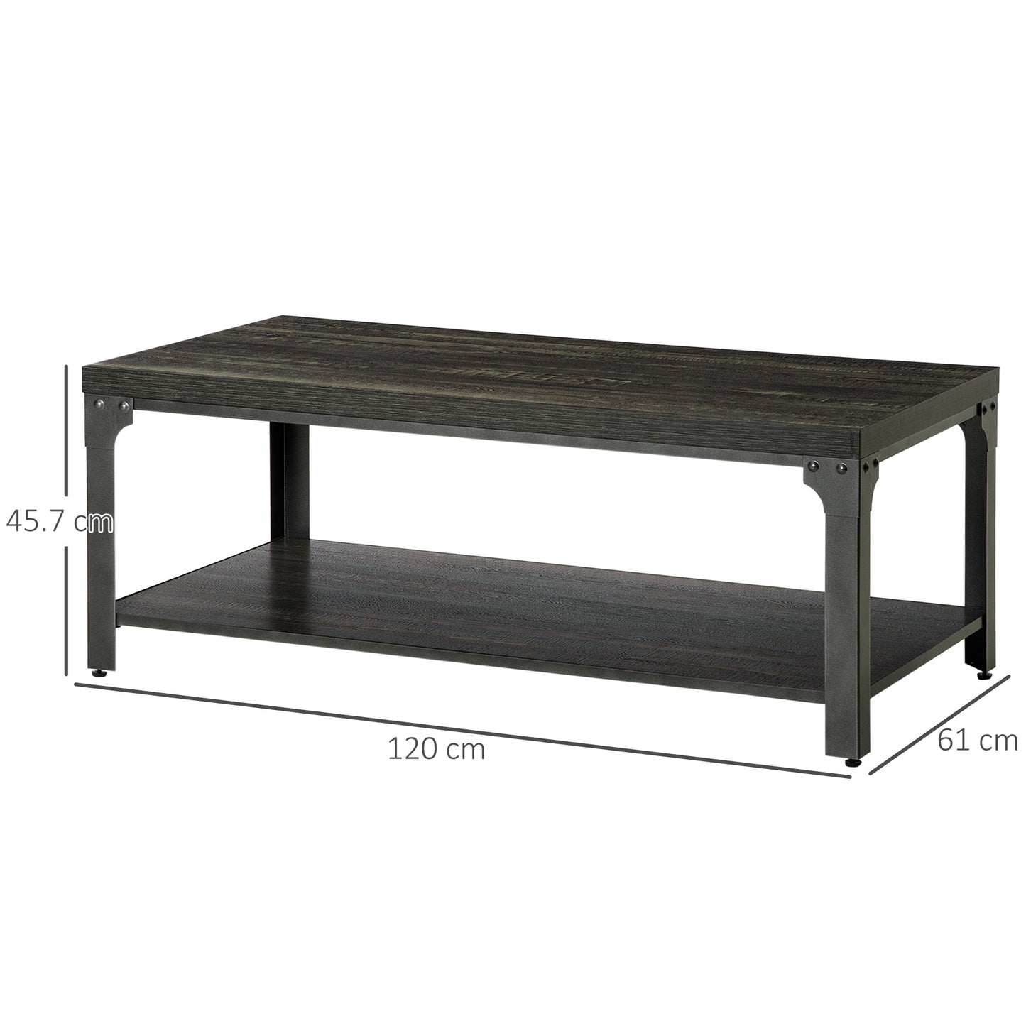 HOMCOM Rustic Coffee Table, Centre Table with Storage Shelf and Steel Frame, Coffee Tables for Living Room, Dark Walnut