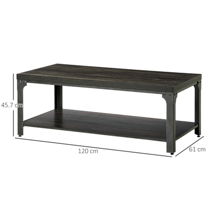 HOMCOM Rustic Coffee Table, Centre Table with Storage Shelf and Steel Frame, Coffee Tables for Living Room, Dark Walnut