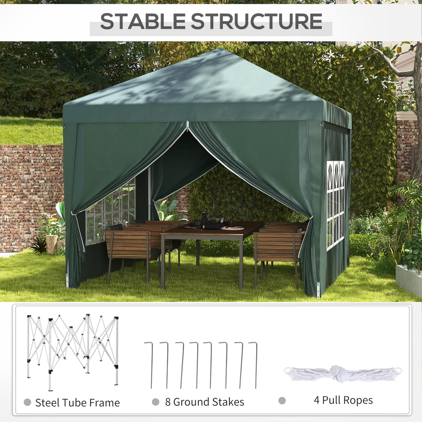 Outsunny 3 x 3 m Garden Pop Up Gazebo, Wedding Party Tent Marquee, Water Resistant Awning Canopy with Sidewalls, Windows, Carry Bag, Green