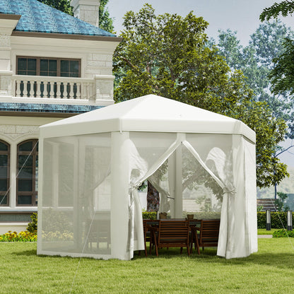 Outsunny 4M Hexagon Gazebo, Netting Party Tent Patio Canopy Outdoor Event Shelter for Activities, Shade Resistant, Cream White