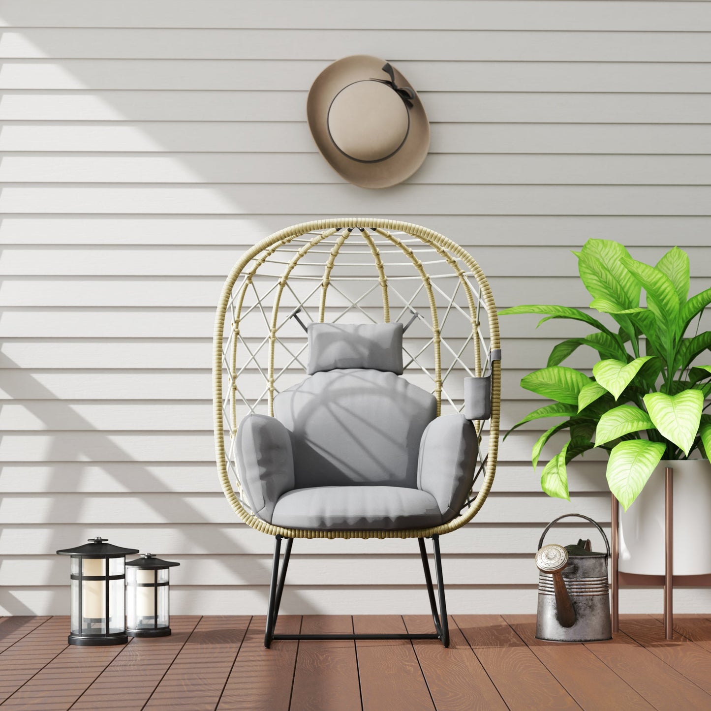 Outsunny Rattan Egg Chair Outdoor Indoor Wicker Chair with Thickened Cushion and Headrest, Standing Garden Egg Chair with Cup Holder, Metal Frame for Patio, Balcony, Grey