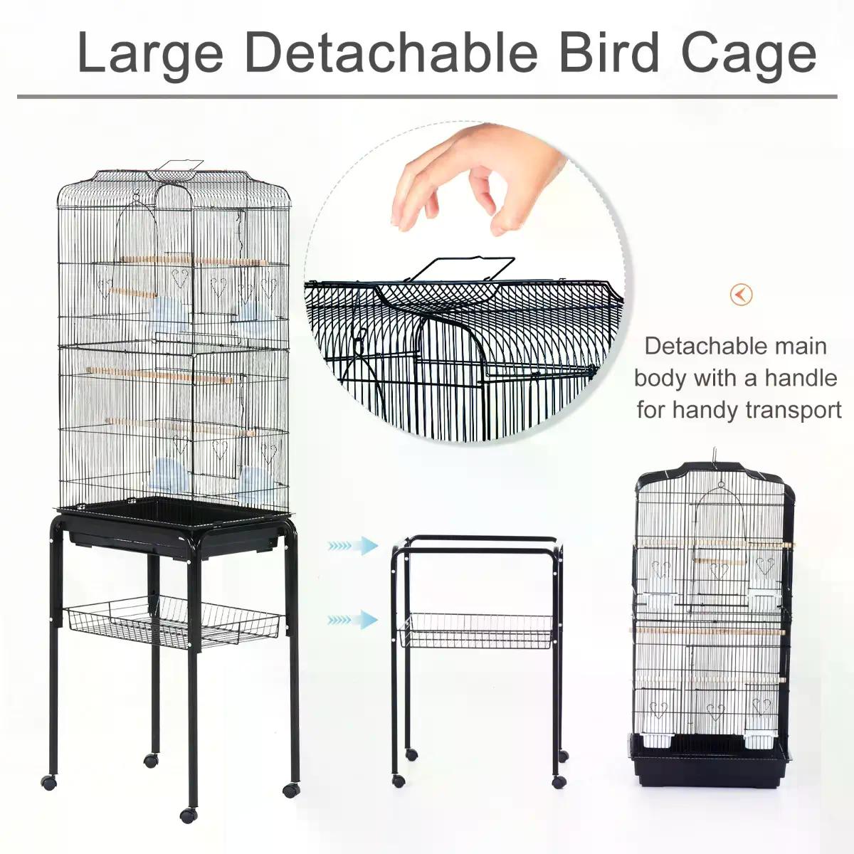 PawHut 153cm Metal Bird Cage Parrot Cage W/Removable Wheels Stand-Black