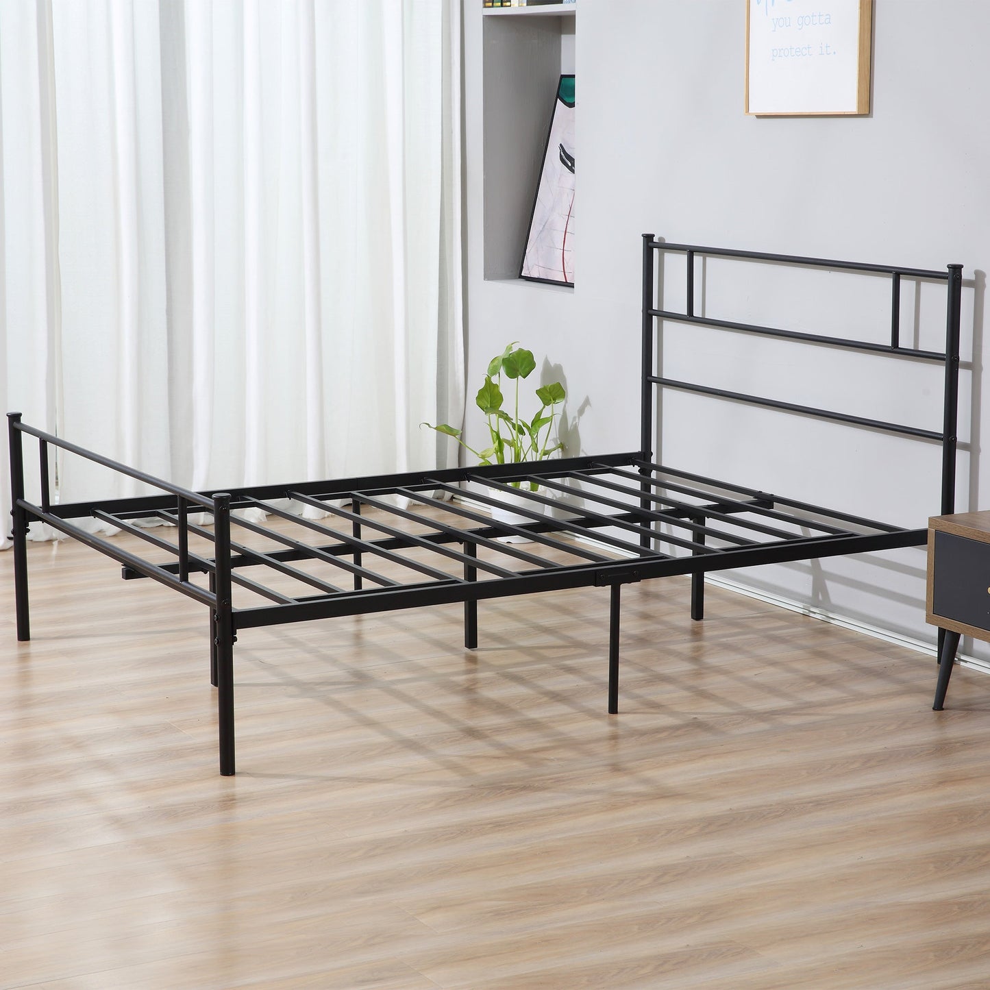 HOMCOM King Metal Bed Frame Solid Bedstead Base with Headboard and Footboard, Metal Slat Support and Underbed Storage Space, Bedroom Furniture, Black