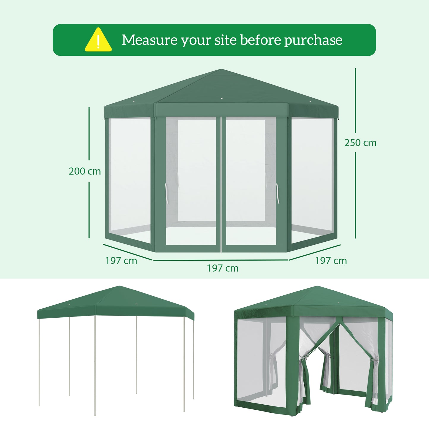 Outsunny 4M Hexagon Gazebo, Netting Party Tent Patio Canopy Outdoor Event Shelter for Activities, Shade Resistant, Green