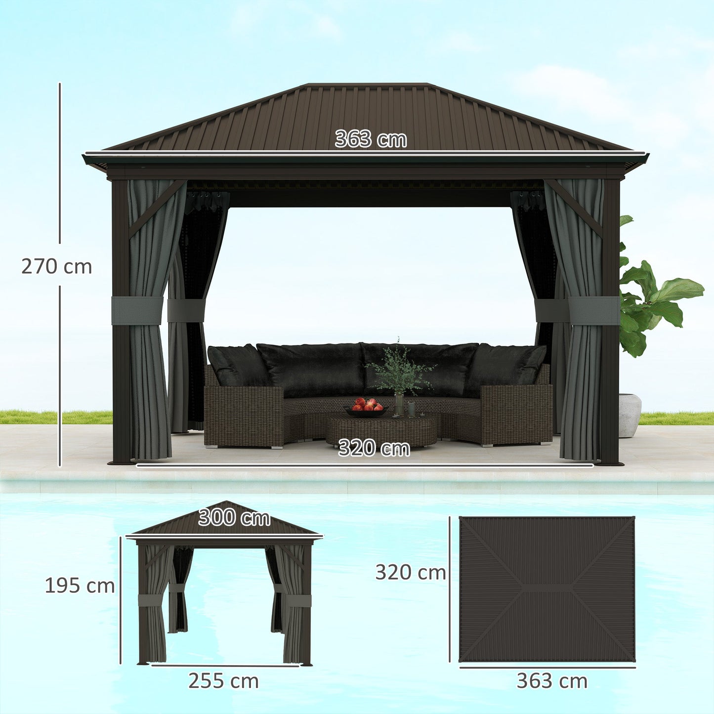 Outsunny 3.6 x 3(m) Aluminium Frame Hardtop Gazebo, with Accessories