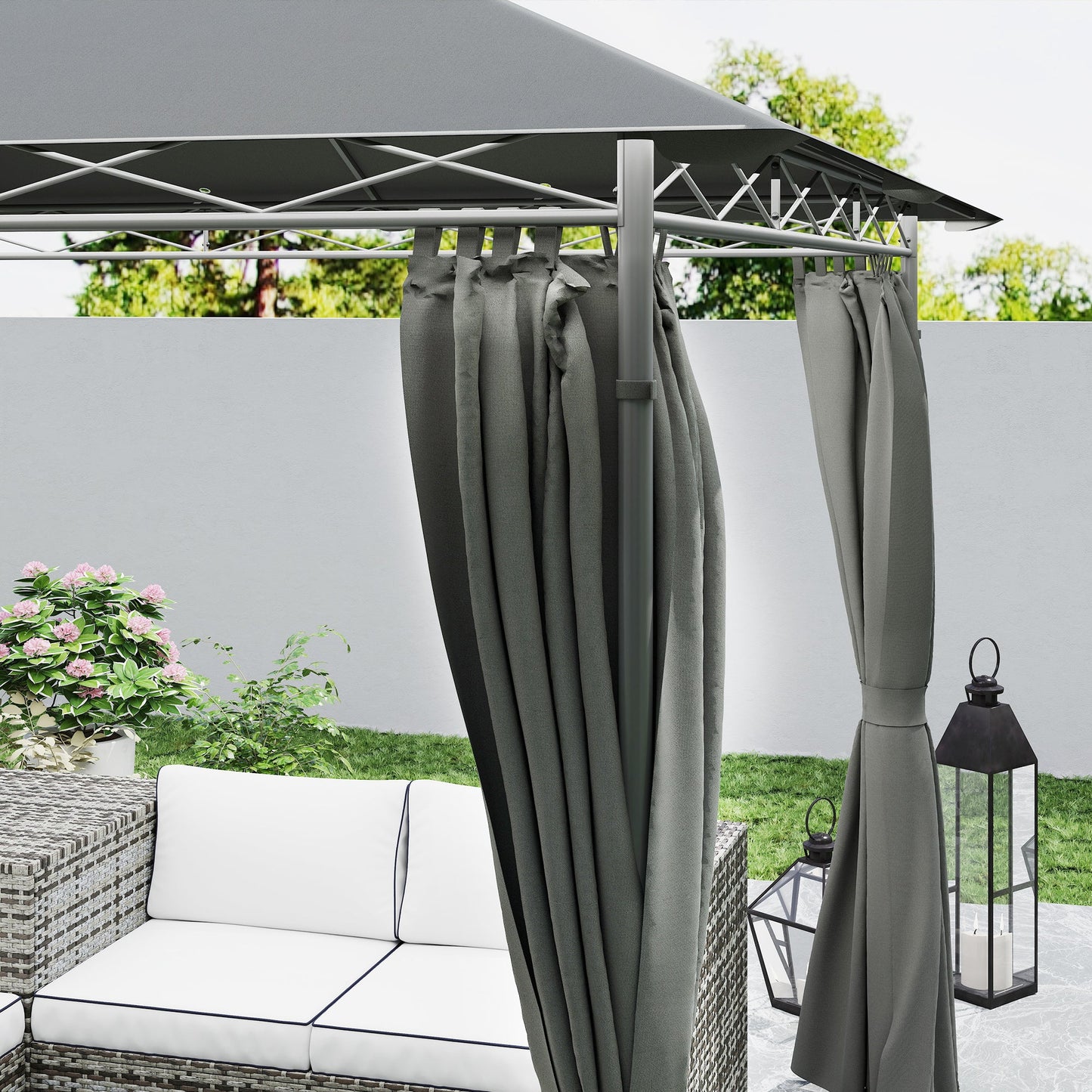 Outsunny 3 x 3 m Garden Gazebo, Double Roof Metal Gazebo with Curtains and Solar-Powered LED Lights, Outdoor Gazebo Canopy Shelter for Patio, Deck, Dark Grey