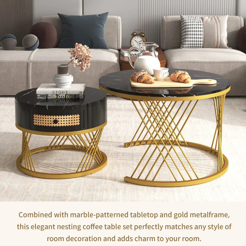 2-in-1 Marble Coffee Table Set with Marble Grain Veneer Top, Rattan Drawers, and Solid Wood Handles, Gold Iron Legs, 70x70x45.5 cm + 50x50x38.5 cm, Black+Gold