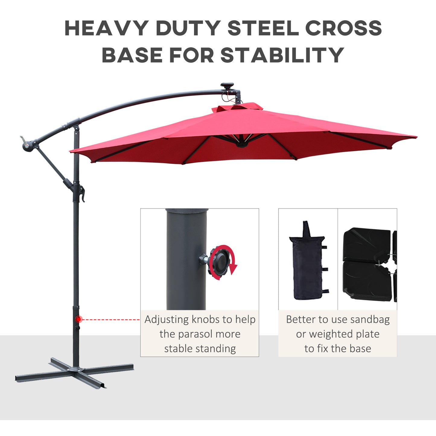 Outsunny Umbrella Parasol W/Solar Powered LED strips, √é¬¶2.95x2.45H m-Wine Red