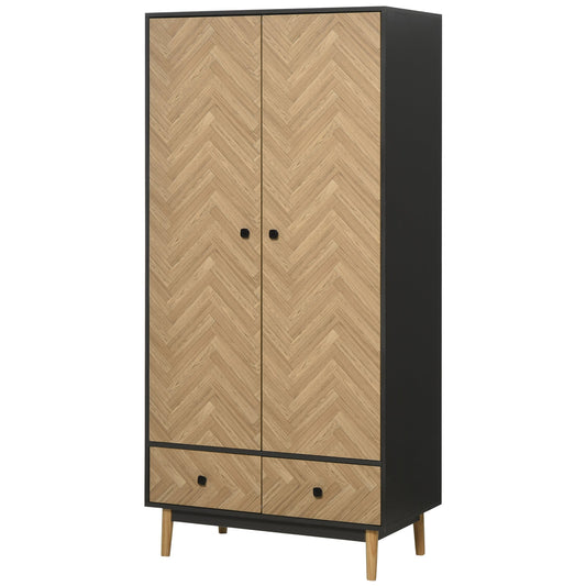 HOMCOM Modern Wardrobe Cabinet Wood Grain Sticker Surface with Shelf, Hanging Rod and 2 Drawers 90x50x190cm