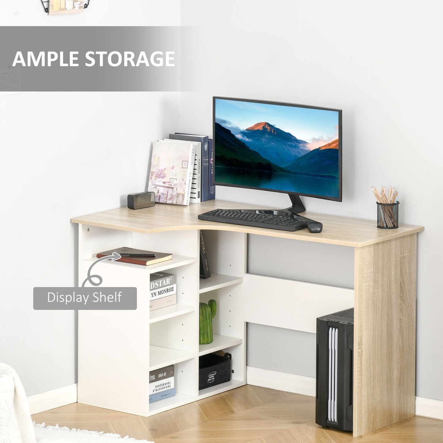 HOMCOM L-Shaped Desk, Corner Computer Desk, Study Table with Storage Shelf Office Home Workstation - Oak Tone and White