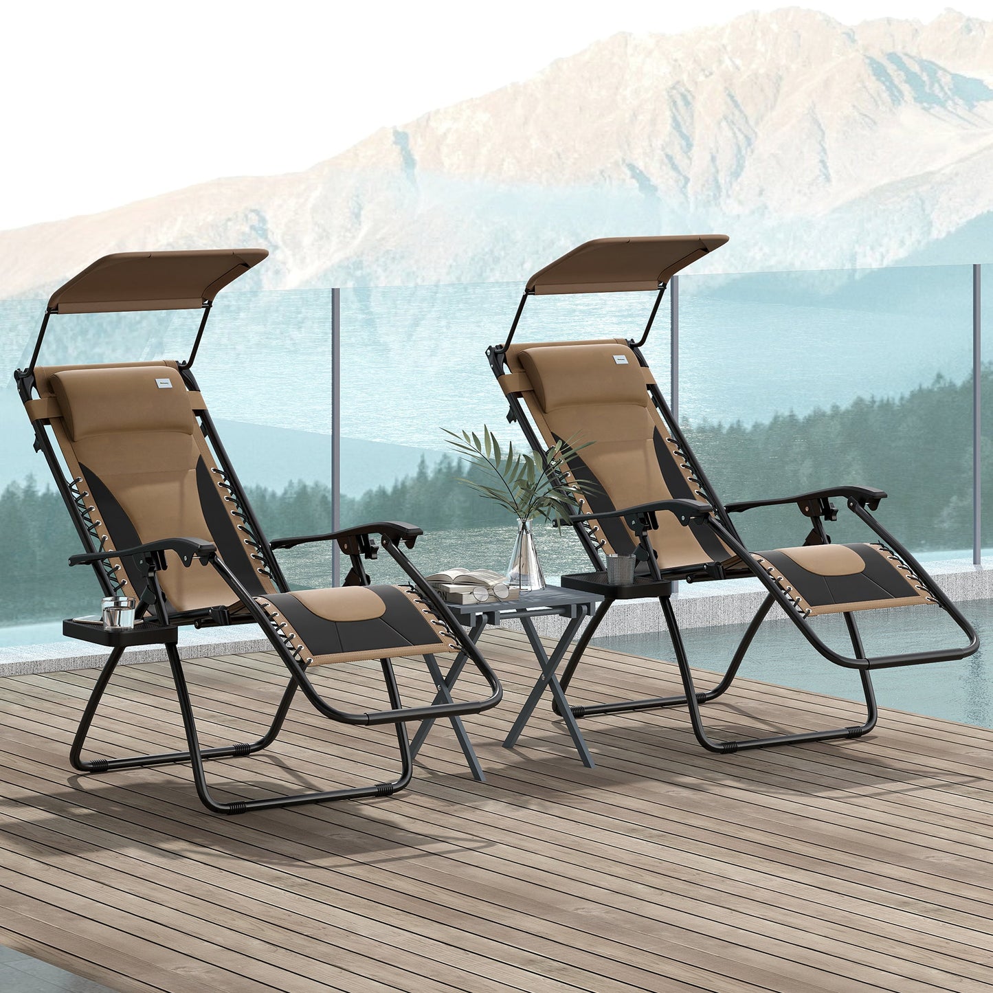 Outsunny Zero Gravity Lounger Chair Set of 2, Folding Reclining Patio Chair with Shade Cover, Cup Holder, Soft Cushion and Headrest for Poolside, Camping, Brown