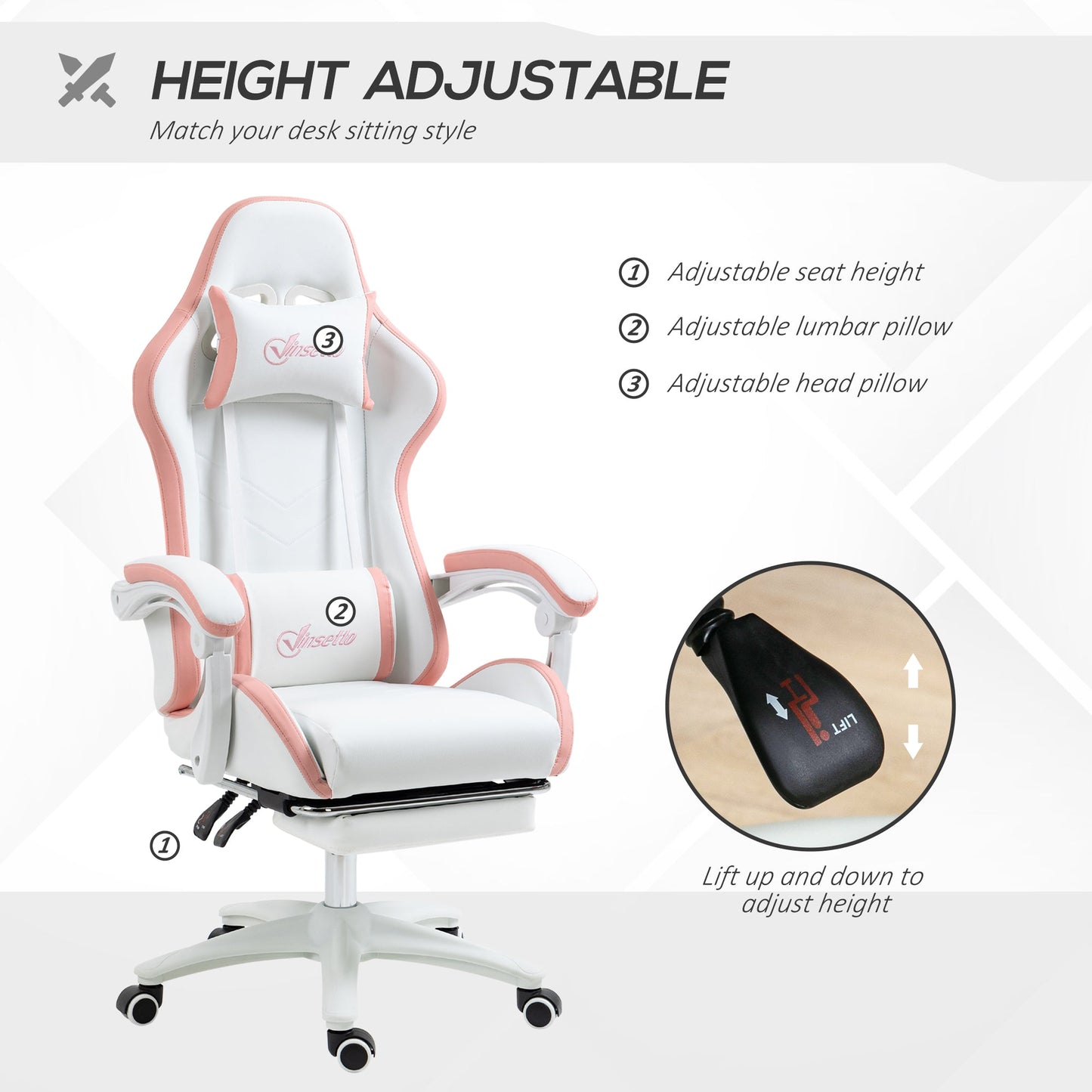 Vinsetto Computer Gaming Chair, PU Leather Desk Chair with Footrest, Swivel Task Chair with 135√Ç¬∞ Reclining Back and Lumbar Support, PC Chair for Adults, White and Pink