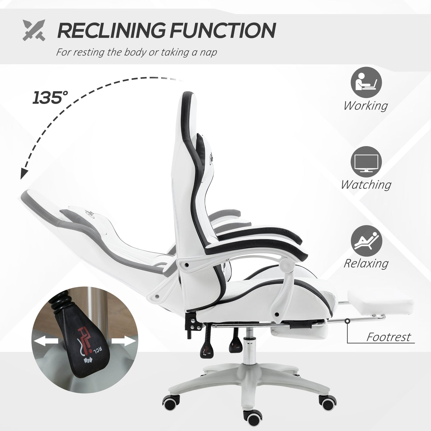 Vinsetto Computer Gaming Chair, PU Leather Desk Chair with Footrest, Swivel Task Chair with 135√Ç¬∞ Reclining Back and Lumbar Support, PC Chair for Adults, White and Black