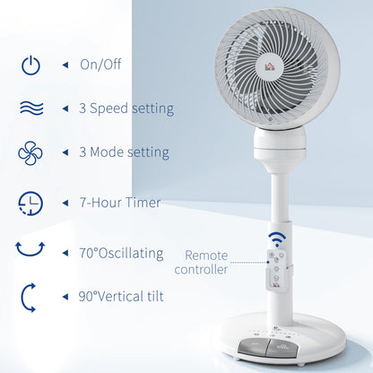 HOMCOM 9'' Air Circulator Fan 3 Speed 3 Mode, 70√Ç¬∞ Oscillation 90√Ç¬∞ Vertical Tilt, Height Adjustable, Remote Controller, for Living Room, Bedroom, Office, White