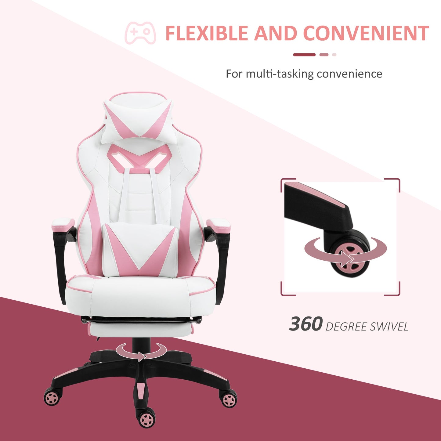 Vinsetto Computer Gaming Chair, Racing Desk Chair with Lumbar Support and Footrest, PU Leather Gamer Chair with Headrest and Swivel Wheels for Home, Pink