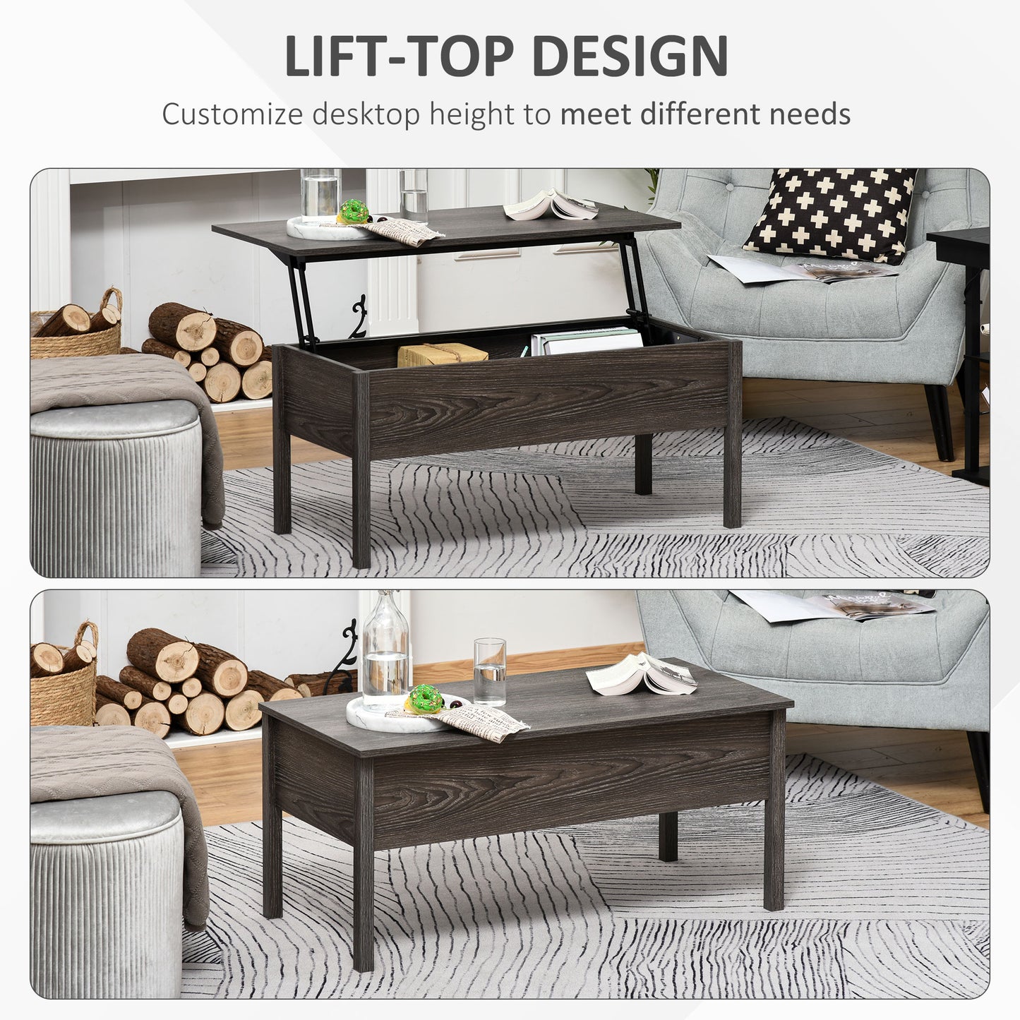 HOMCOM Lift Top Coffee Table, 98cm Wide Lift Up Tea Table with Large Hidden Storage for Living Room, Tan