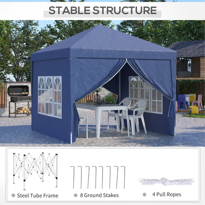 Outsunny 3 x 3 m Garden Pop Up Gazebo, Wedding Party Tent Marquee, Water Resistant Awning Canopy with Sidewalls, Windows, Carry Bag, Blue