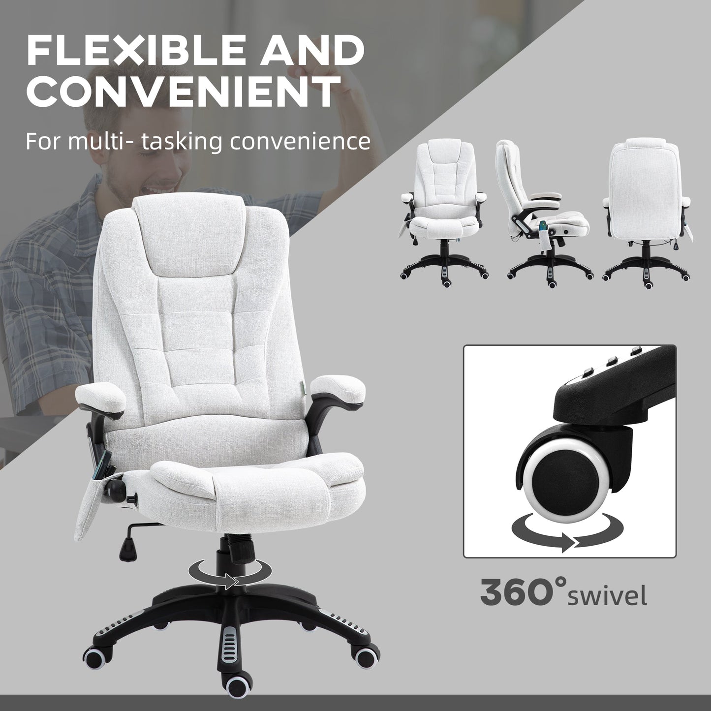 Vinsetto Massage Recliner Chair Heated Office Chair with Six Massage Points Linen-Feel Fabric 360√Ç¬∞ Swivel Wheels Cream White