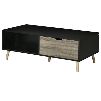 HOMCOM Coffee Table, Modern Tea Table with Open Storage Shelves, Two Drawers and Solid Wood Legs, Coffee Tables for Living Room, Bed Room, Black