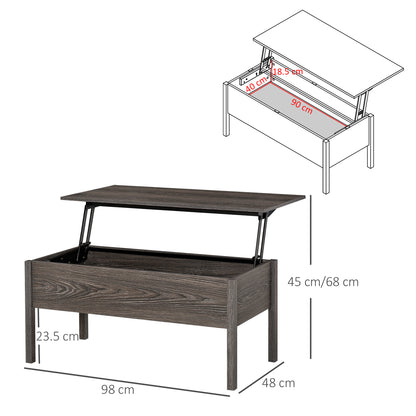 HOMCOM Lift Top Coffee Table, 98cm Wide Lift Up Tea Table with Large Hidden Storage for Living Room, Tan