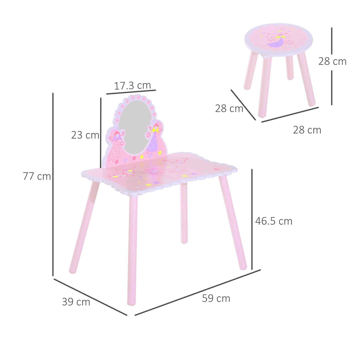 HOMCOM Kids Dressing Table Girls Pink Wooden Kids Dressing Table & Stool Make Up Desk Chair Toys Fairy Dresser Play Set w/Mirror