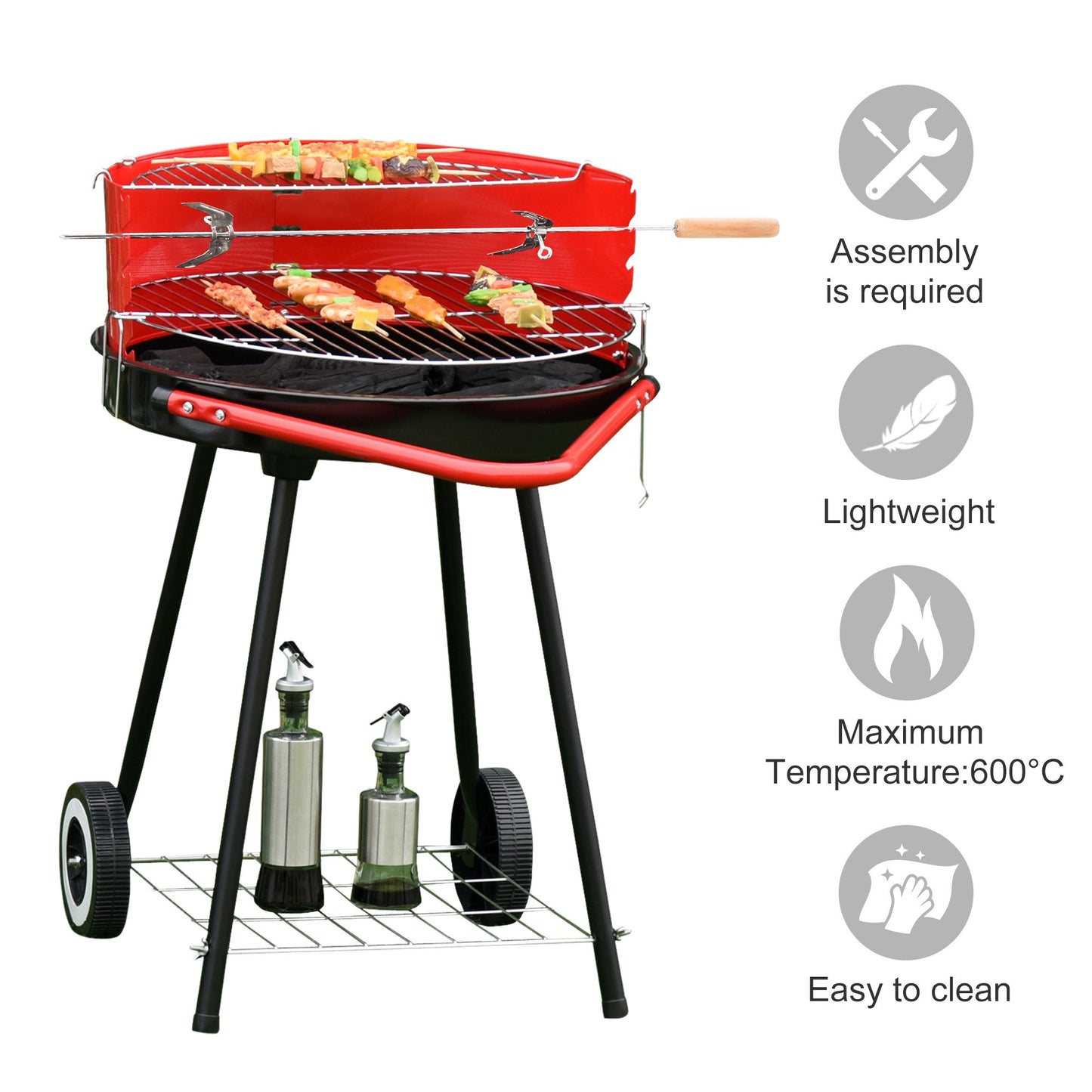 Outsunny Charcoal Outdoor Barbecue Grill, 2 Wheels, size (75.5H x 50L x 82W cm)-Red/Black