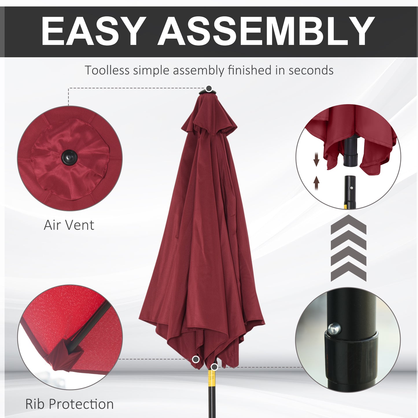 Outsunny 2.7M Garden Parasol Umbrella with Tilt and Crank, Outdoor Sun Parasol Sunshade Shelter with Aluminium Frame, Wine Red