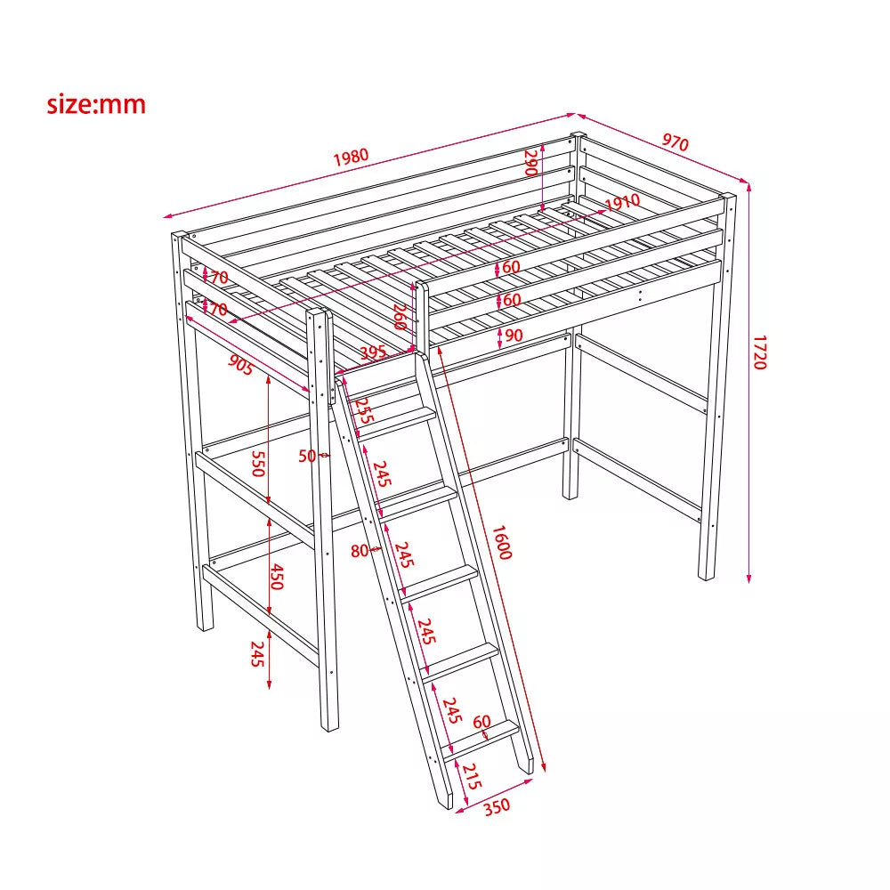 Wooden Bed Frame High Sleeper Bunk Bed Study Desk Cabin Bed