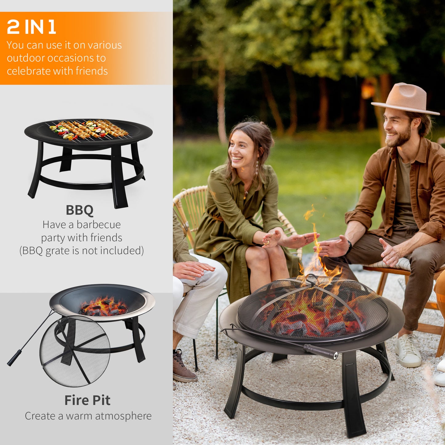 Outsunny Metal Large Firepit Bowl Outdoor Round Fire Pit w/ Lid, Log Grate, Poker for Backyard, Camping, BBQ, Bonfire, Wood Burning Stove, 76 x 76 x 53cm, Black