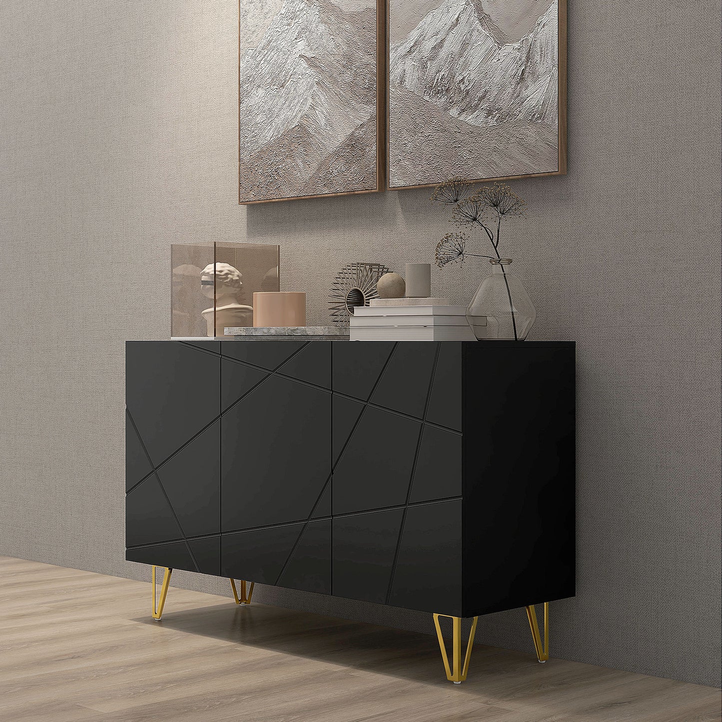 HOMCOM Modern Luxe High Gloss Sideboard with Golden Hairpin Legs, Black